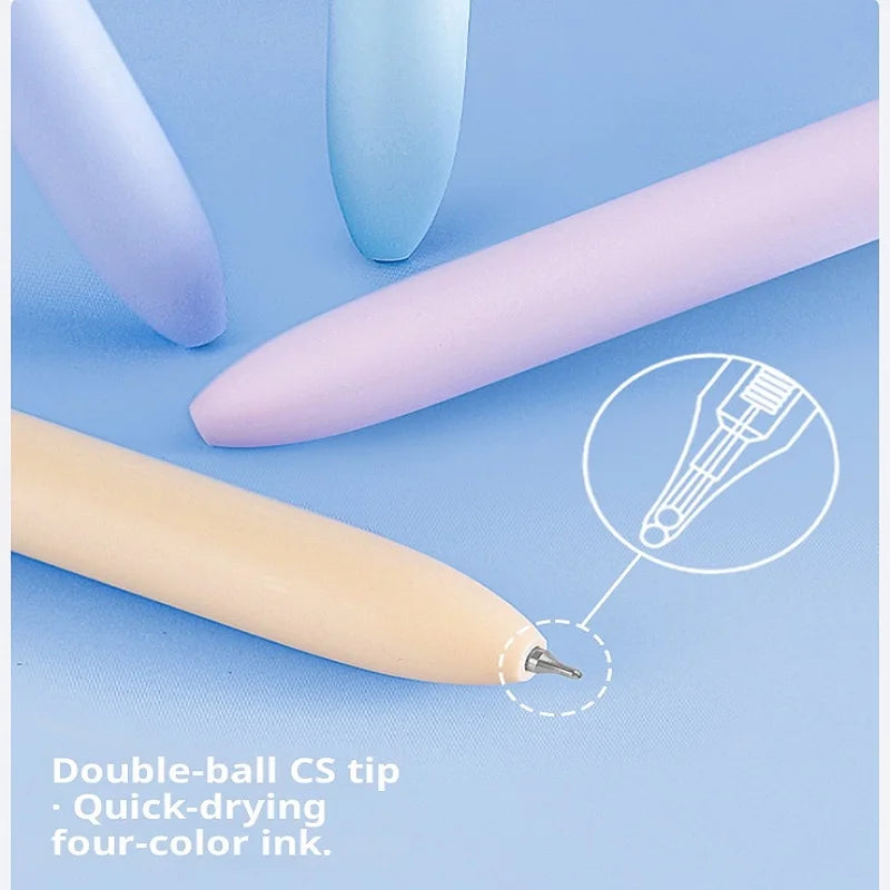 A close-up of a double-ball CS tip ink pen in various pastel colors lying on a light blue surface.