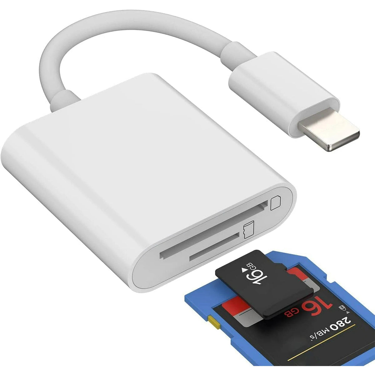 Un lector de tarjeta SD universal blanco con cable flexible y una tarjeta SD insertada.