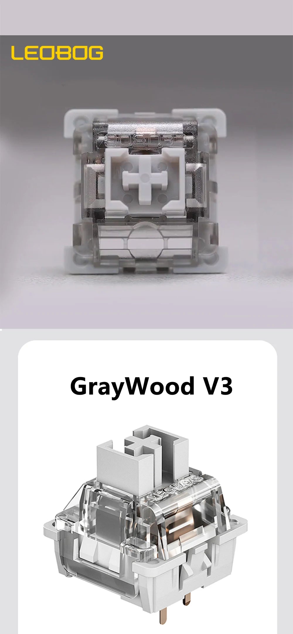 GrayWood V3 linear mechanical keyboard switches shown in a close-up view.