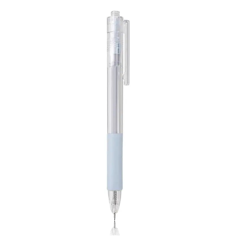 A clear precision utility knife with a light blue handle and silver tip.