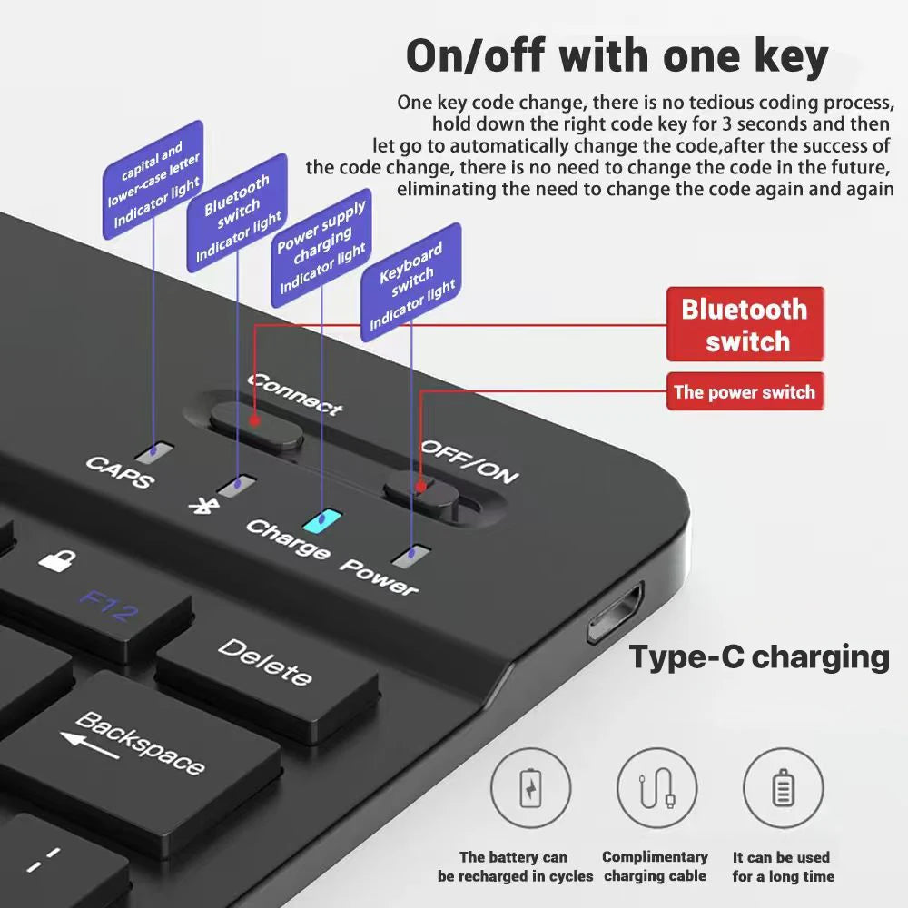 A black portable Bluetooth keyboard and mouse set with various indicator lights and a Type-C charging port.