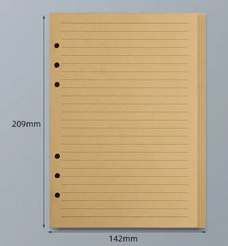 Cuaderno de hojas sueltas color canela claro con líneas rayadas, mide 209mm x 142mm.