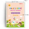 A spiral notebook titled Magic Groove Practice Copybook for Preschools Drawing showing children drawing outdoors
