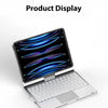 A silver laptop displaying a blue abstract graphic, shown in a product display context.