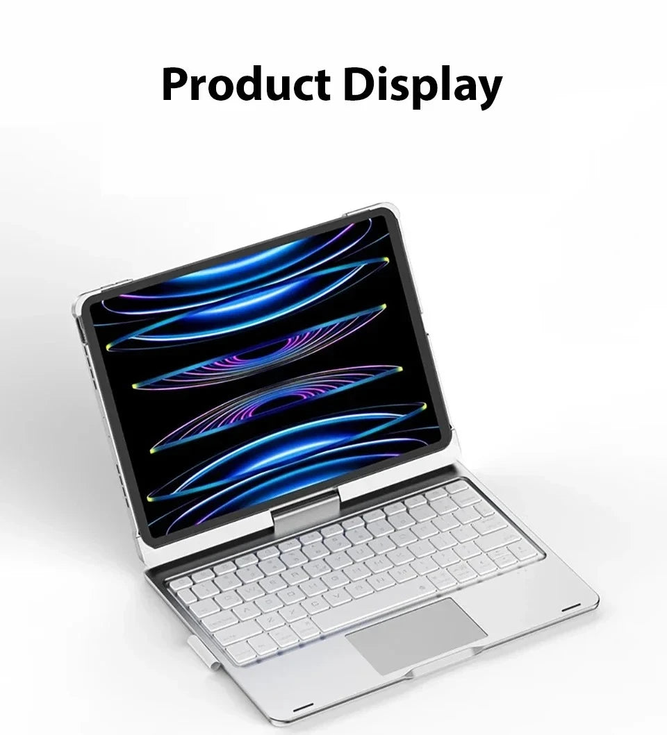 A silver laptop displaying a blue abstract graphic, shown in a product display context.