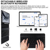 A detachable wireless Bluetooth keyboard case shown with a laptop, tablet, and smartphone demonstrating connectivity.