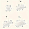 A set of clear acrylic drawer organizers in small, medium, large, and extra-large sizes shown with dimensions.