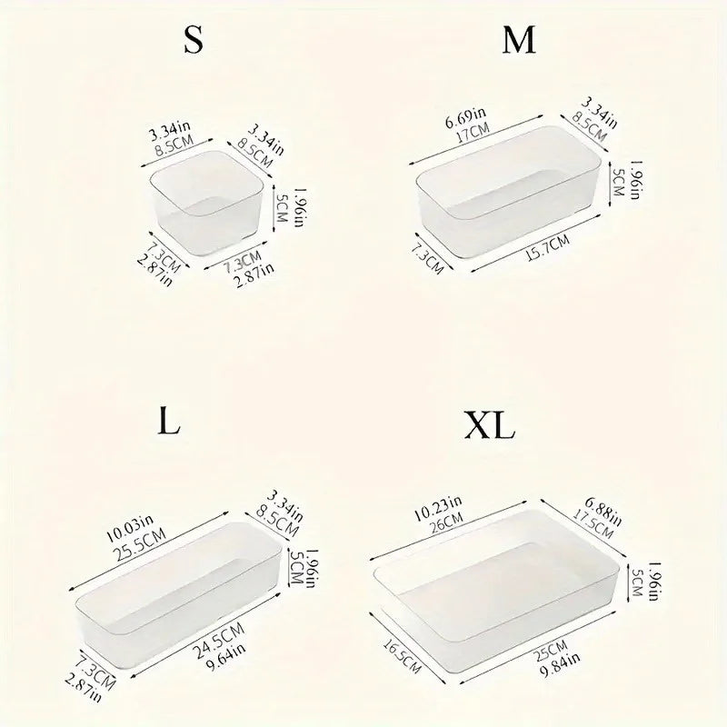 A set of clear acrylic drawer organizers in small, medium, large, and extra-large sizes shown with dimensions.
