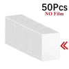 A rectangular pack of 50 clear protective card sleeves with no film.