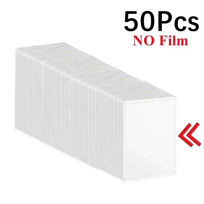 A rectangular pack of 50 clear protective card sleeves with no film.