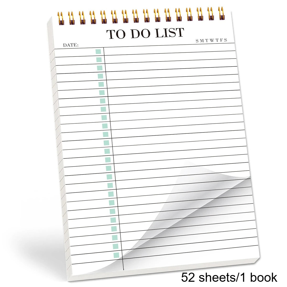 Cuaderno encuadernado en espiral con páginas rayadas para una lista de tareas, con encabezado para la fecha y los días de la 