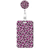 A pink leopard print retractable badge holder with a circular top and a rectangular body.
