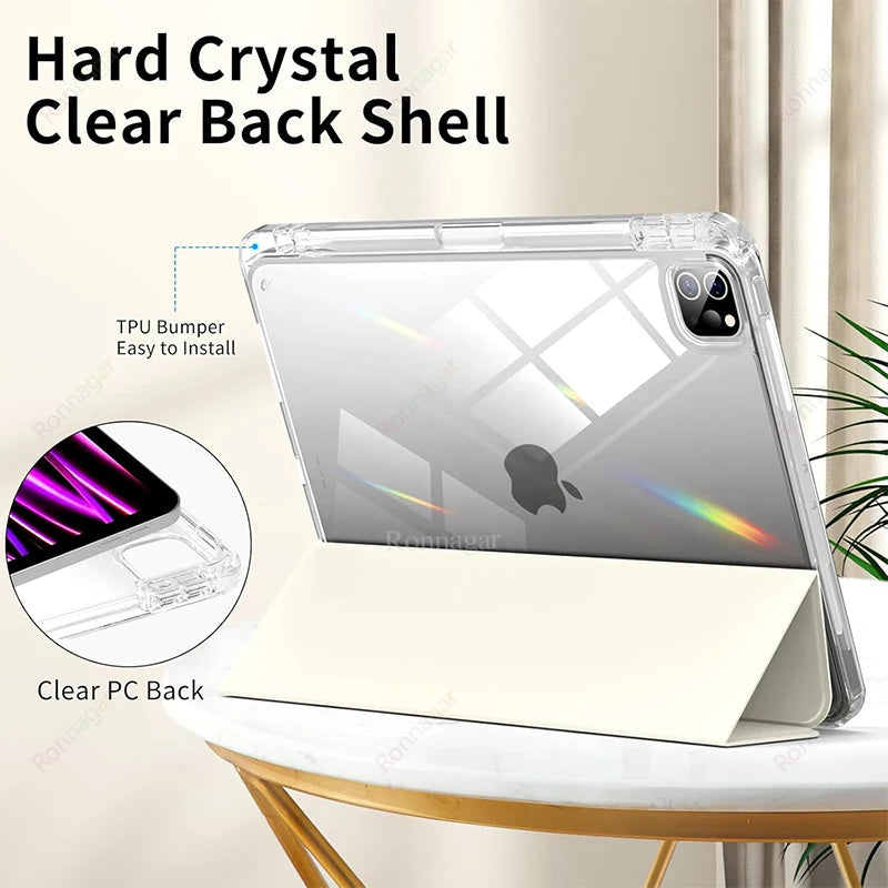 Clear back shell TPU bumper case for an Apple iPad showing the clear back design and a white protective cover.