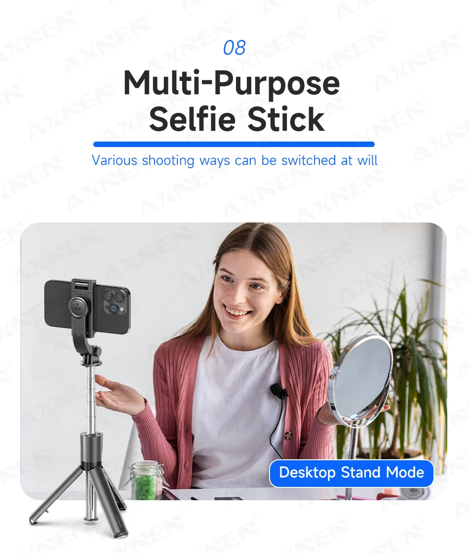 A woman is using a multi-purpose selfie stick tripod for a video call or photo, demonstrating its versatile shooting modes.