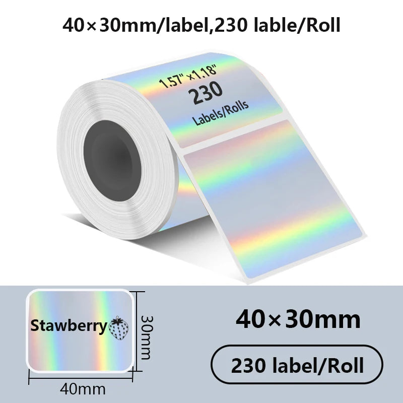 Rolle mit 230 holografischen thermischen Etiketten, 40x30mm, mit Erdbeerdesign.