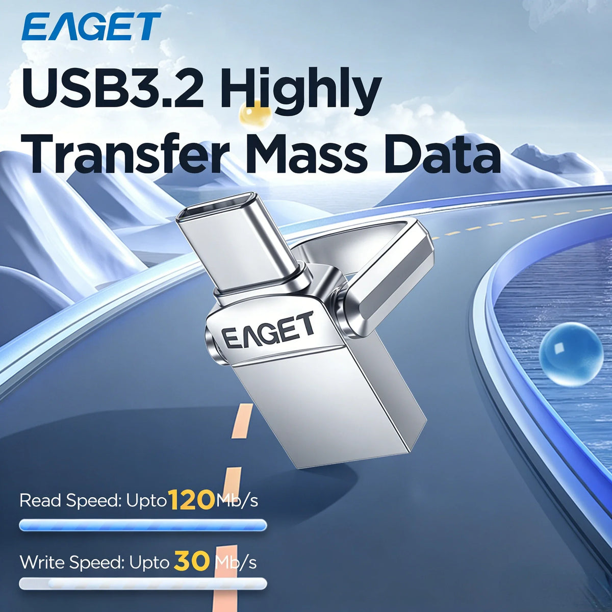 A silver metal flash drive labeled EAGET is shown in a dynamic, high-speed context against a blue and white background.