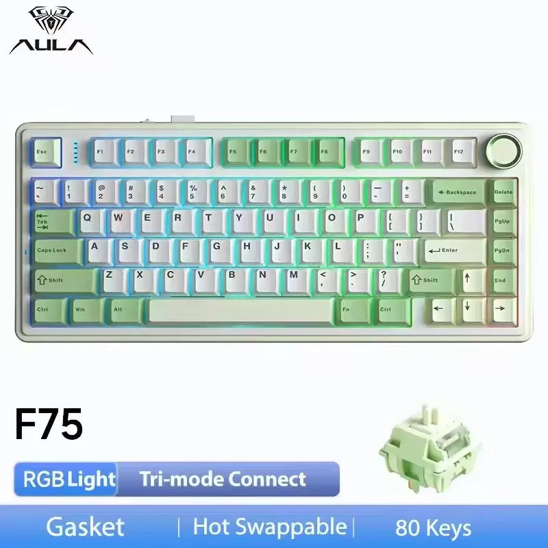 A white mechanical keyboard featuring RGB lighting, gasket mount design, and hot-swappable switches.