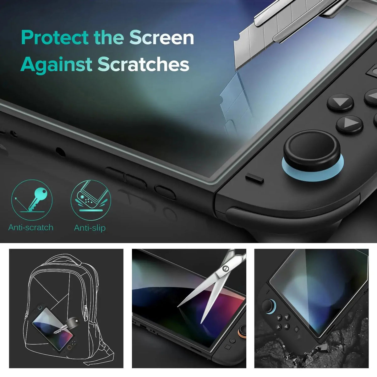 A clear tempered glass screen protector is shown being applied to a Nintendo Switch 2 console.