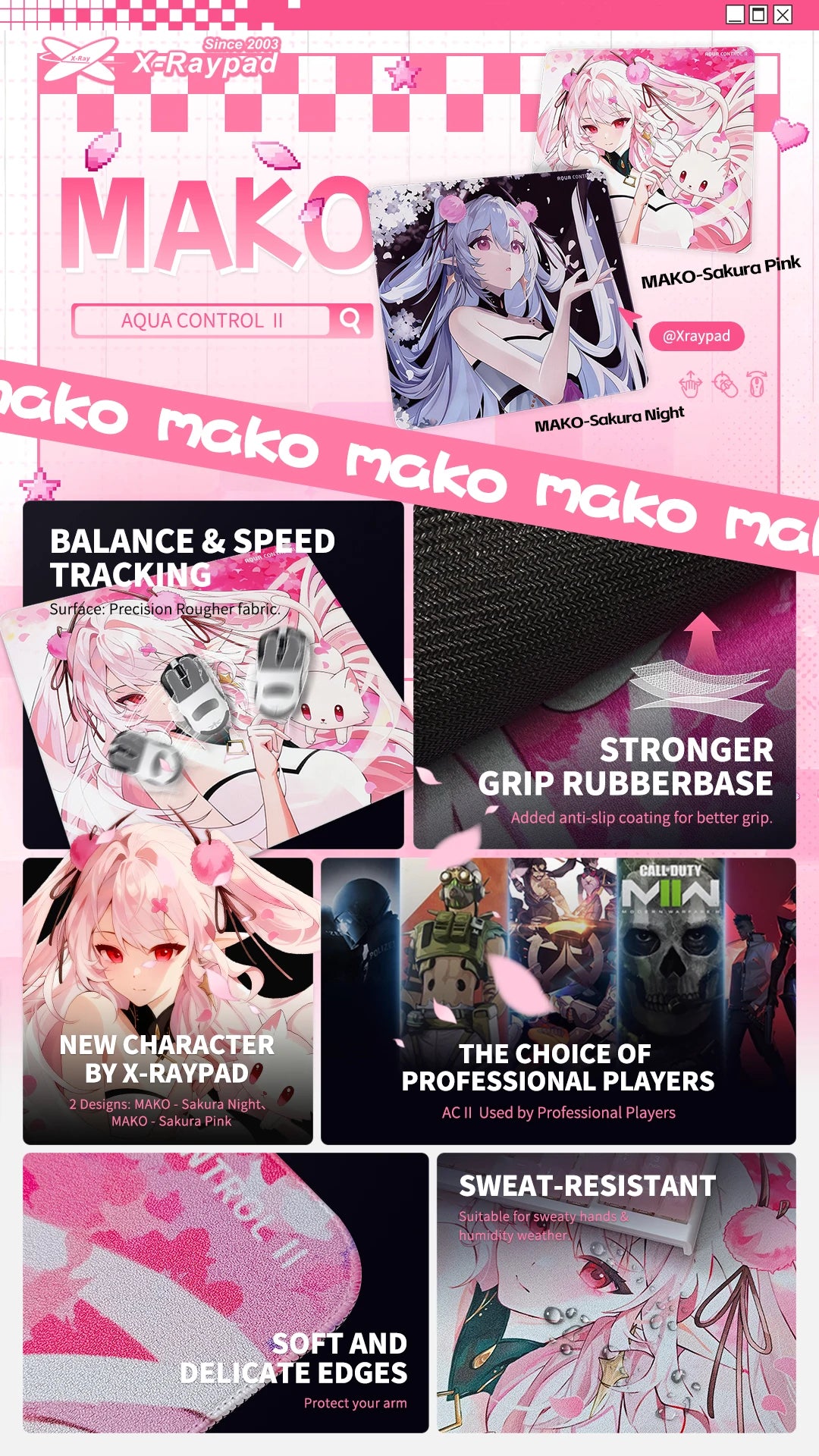 MAKO Sakura gaming mouse pad featuring pink and purple designs for Aqua Control II