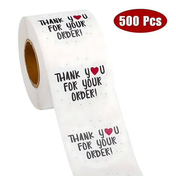 Roll of thank you for your order stickers in a 500 pack with repeating text