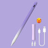 A purple precision active stylus pen with a white tip and charging cable and tips shown on a light purple background.