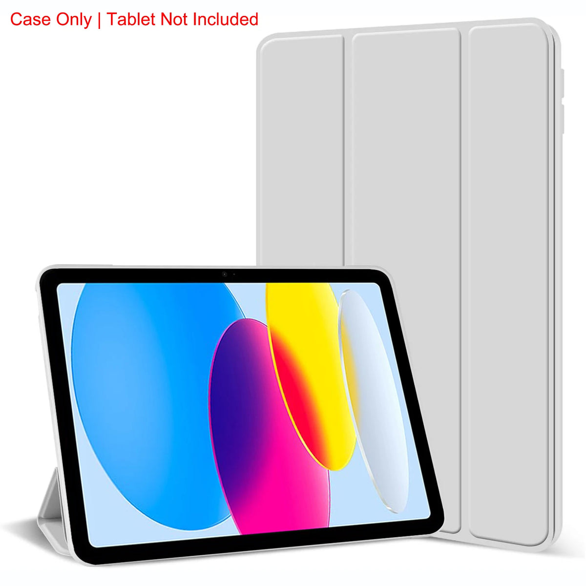 A silver magnetic tri-fold stand cover for an iPad, shown with the tablet inside.