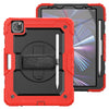 A red rugged case for an iPad is shown next to the device, featuring a rotating kickstand and strap.