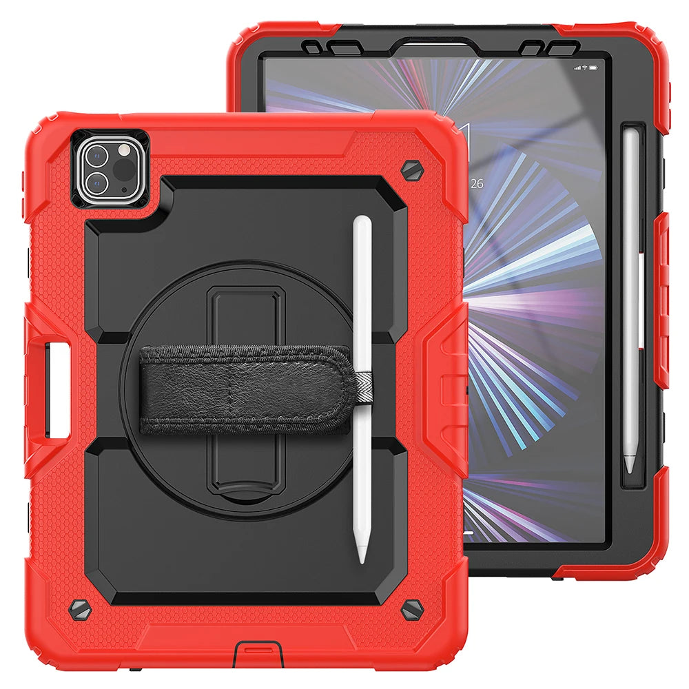A red rugged case for an iPad is shown next to the device, featuring a rotating kickstand and strap.