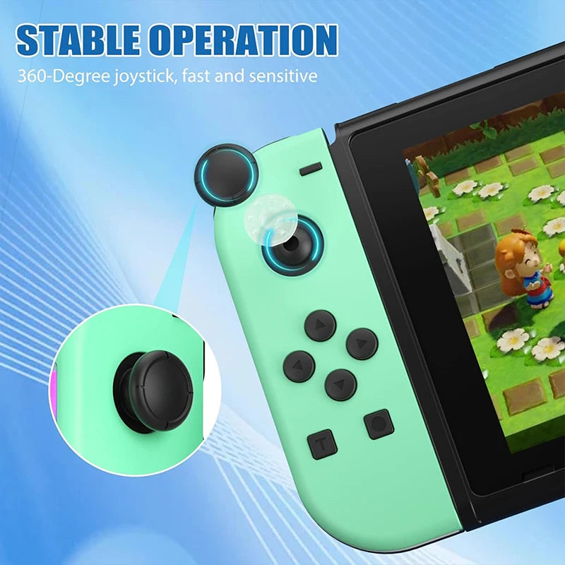 A close-up view of a green controller joystick and buttons for a Nintendo Switch accessory.