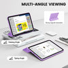 Funda magnética plegable morada para iPad, mostrada desde varios ángulos, demostrando fuerte absorción magnética.