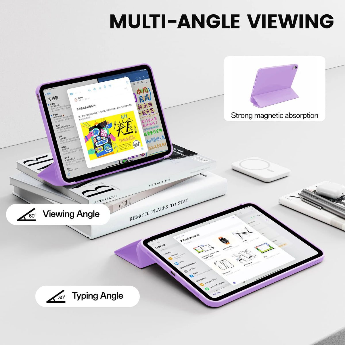 Funda magnética plegable morada para iPad, mostrada desde varios ángulos, demostrando fuerte absorción magnética.