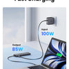 A laptop is shown charging via a PD100W fast charging adapter, demonstrating an 85W output.