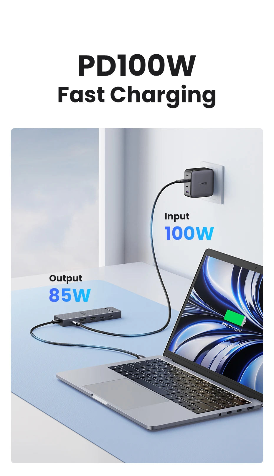 A laptop is shown charging via a PD100W fast charging adapter, demonstrating an 85W output.