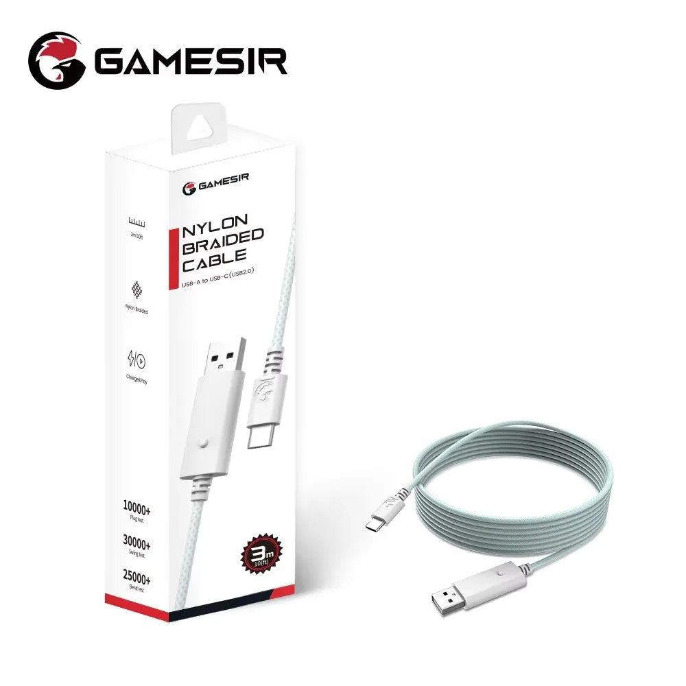 A box and coiled nylon braided charging cable for a game controller, branded Gamesir.