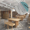 Vista interior de una biblioteca o oficina moderna con estanterías de madera, mesas y un gráfico circular grande.