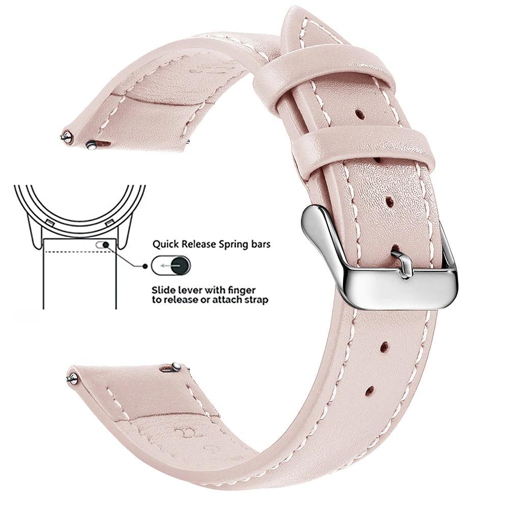 A light pink genuine leather watch band featuring quick release spring bars and a slide lever for easy strap attachment.
