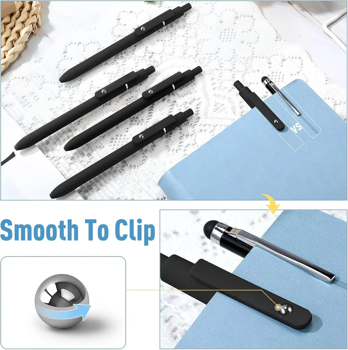 A set of ten black gel pens with refills is shown on a light blue notebook, demonstrating the smooth to clip mechanism.