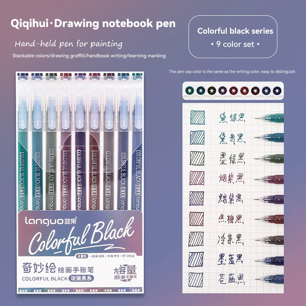 A set of colorful black hand-held drawing and painting pens with various tips and colors.