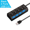 Black USB 2.0 hub with four ports and a detachable cable connector.