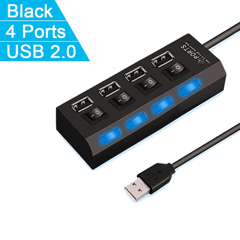 Black USB 2.0 hub with four ports and a detachable cable connector.