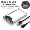 A Micro-b to USB 3.1 detachable external hard drive enclosure shown with a cable.