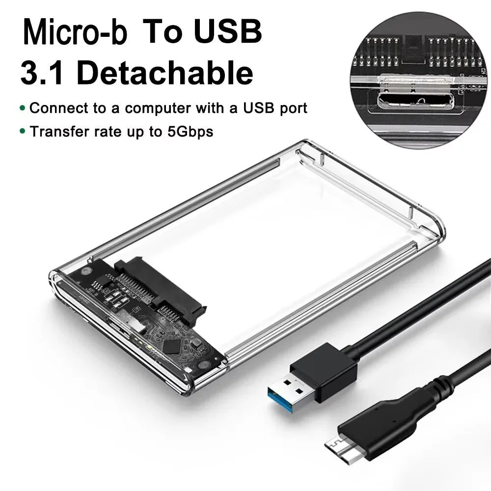 A Micro-b to USB 3.1 detachable external hard drive enclosure shown with a cable.