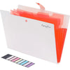 A transparent orange expanding A4 file folder with five pockets and a color swatch strip.