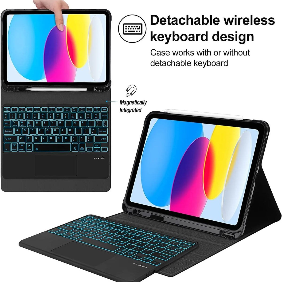 A black tablet case with a detachable wireless keyboard shown next to an iPad.