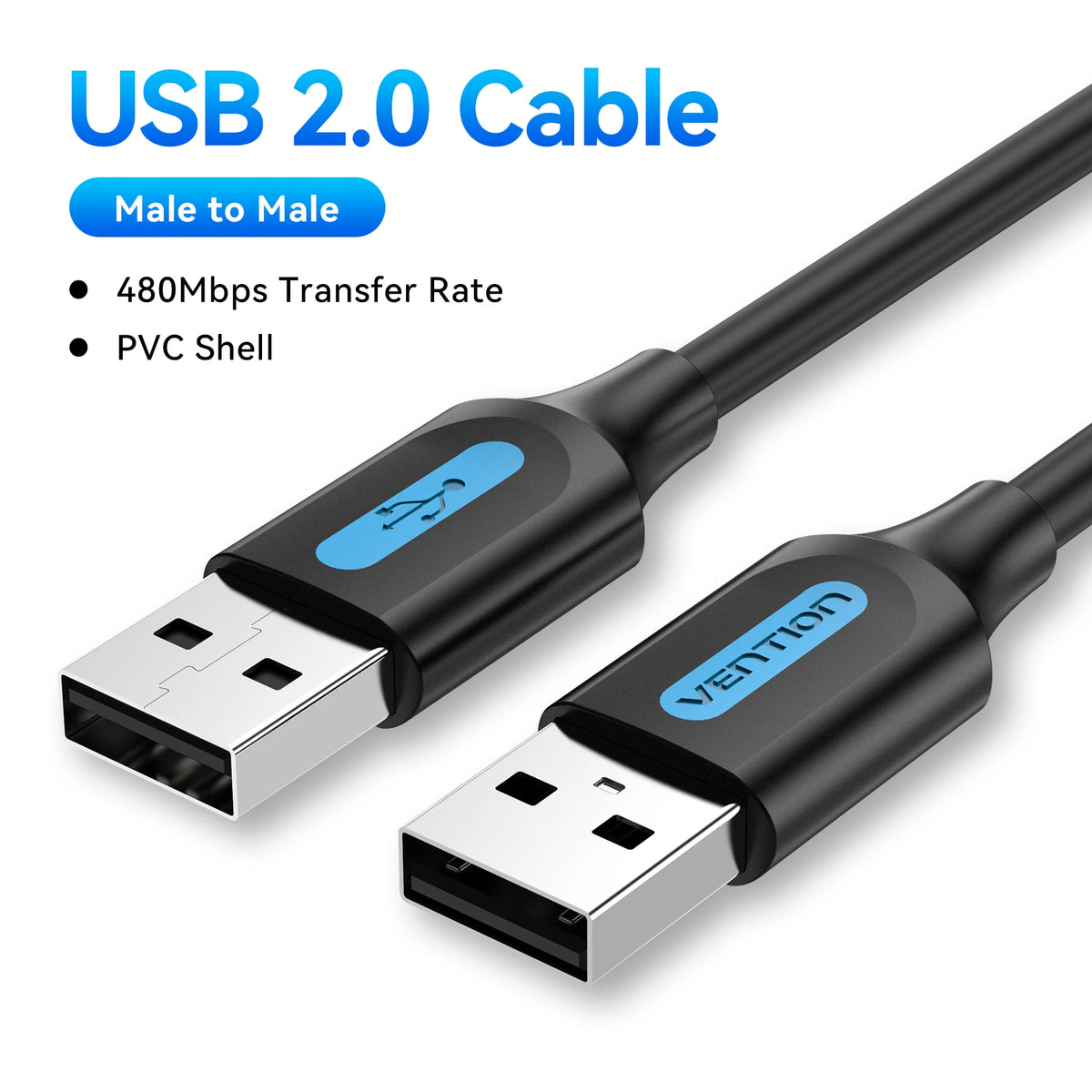 A black USB 2.0 male to male cable with a PVC shell is shown.