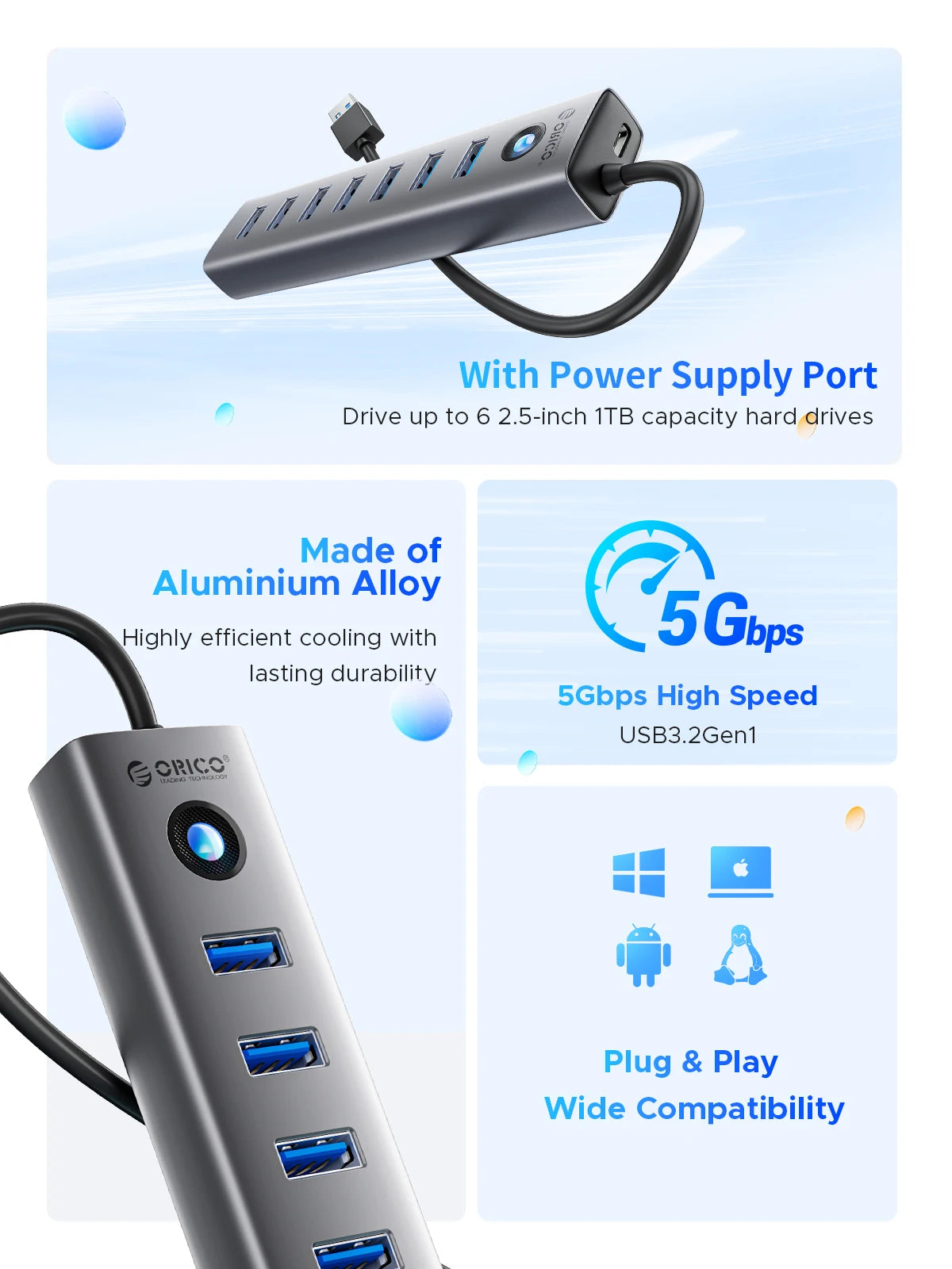 A close-up view of a gray aluminum alloy USB 3.0 hub with multiple ports and a black cable.