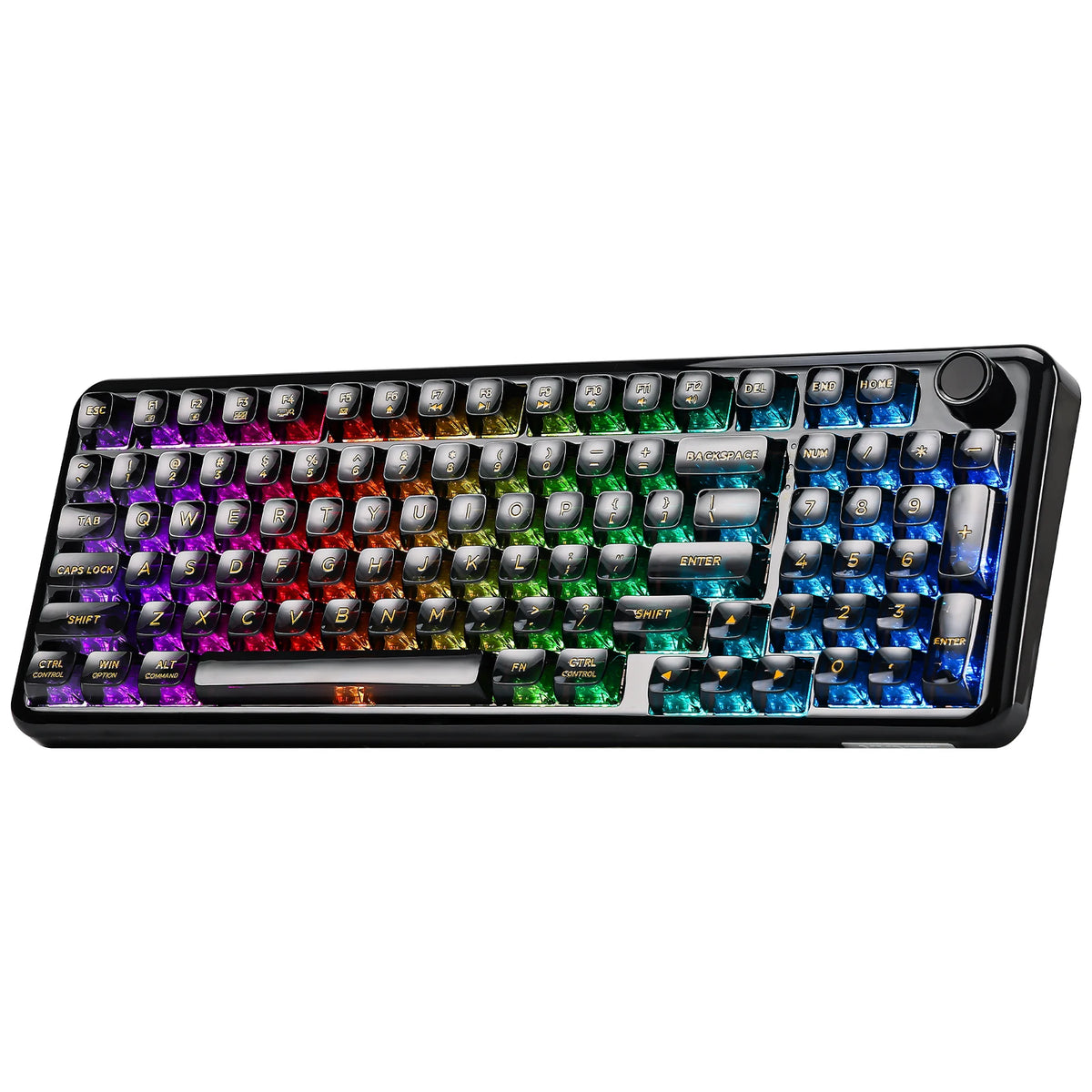A black mechanical keyboard with transparent keycaps and RGB lighting, featuring a knob.