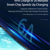 A close-up of a smartphone charging, showing blue light effects and circuit board details.
