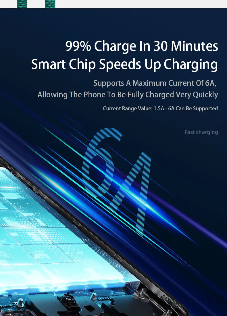 A close-up of a smartphone charging, showing blue light effects and circuit board details.