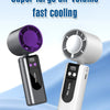 A portable semiconductor cooling fan is shown with a purple fan head and a white body, demonstrating super large air volume f
